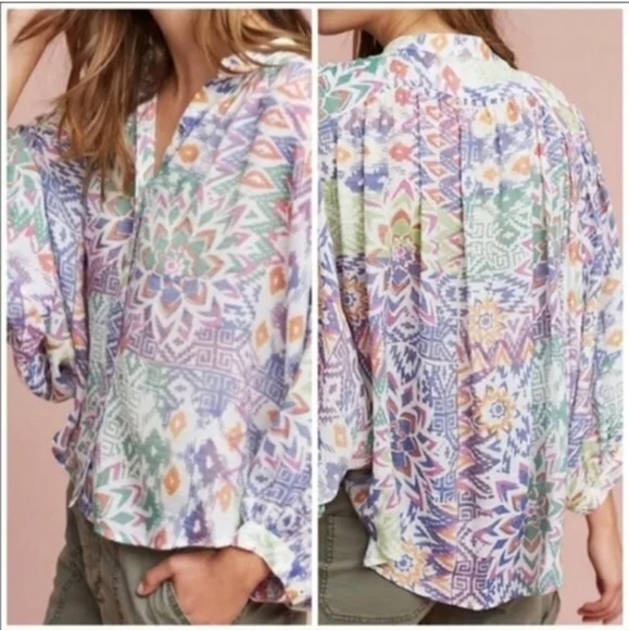 Anthropologie Maeve Bryanna Aztec Tribal Boho Shirt Top Size Large - Picture 2 of 16